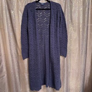 Freshman 1996 Gray Open Front Long Crochet Knit Sweater Cardigan Small